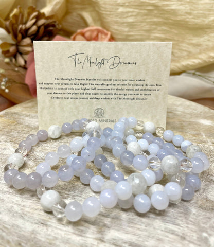 Blue Chalcedony + Rainbow Moonstone + Selenite & Clear Quartz Beaded Gemstone Bracelet, Natural Polished Crystal Jewelry, Spiritual Gift