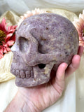 Lepidolite Crystal Skull, Natural Polished Purple Skull Carving