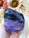 Large Charoite Free Form, Polished Natural Crystal Tower, Rare Crystal Palm Stone, Purple Russian Charoite
