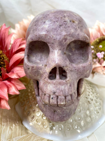 Lepidolite Crystal Skull, Natural Polished Purple Skull Carving