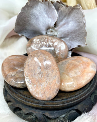 Peach Moonstone Palm Stone, Flashy Polished Natural Crystal, Healing Crystal Gift For Her