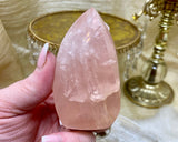 Rose Quartz Flame, Polished Natural Crystal Flame Carving, Self Standing Rose Quartz Point Tower - 7783