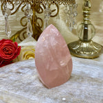 Rose Quartz Flame, Polished Natural Crystal Flame Carving, Self Standing Rose Quartz Point Tower - 7783